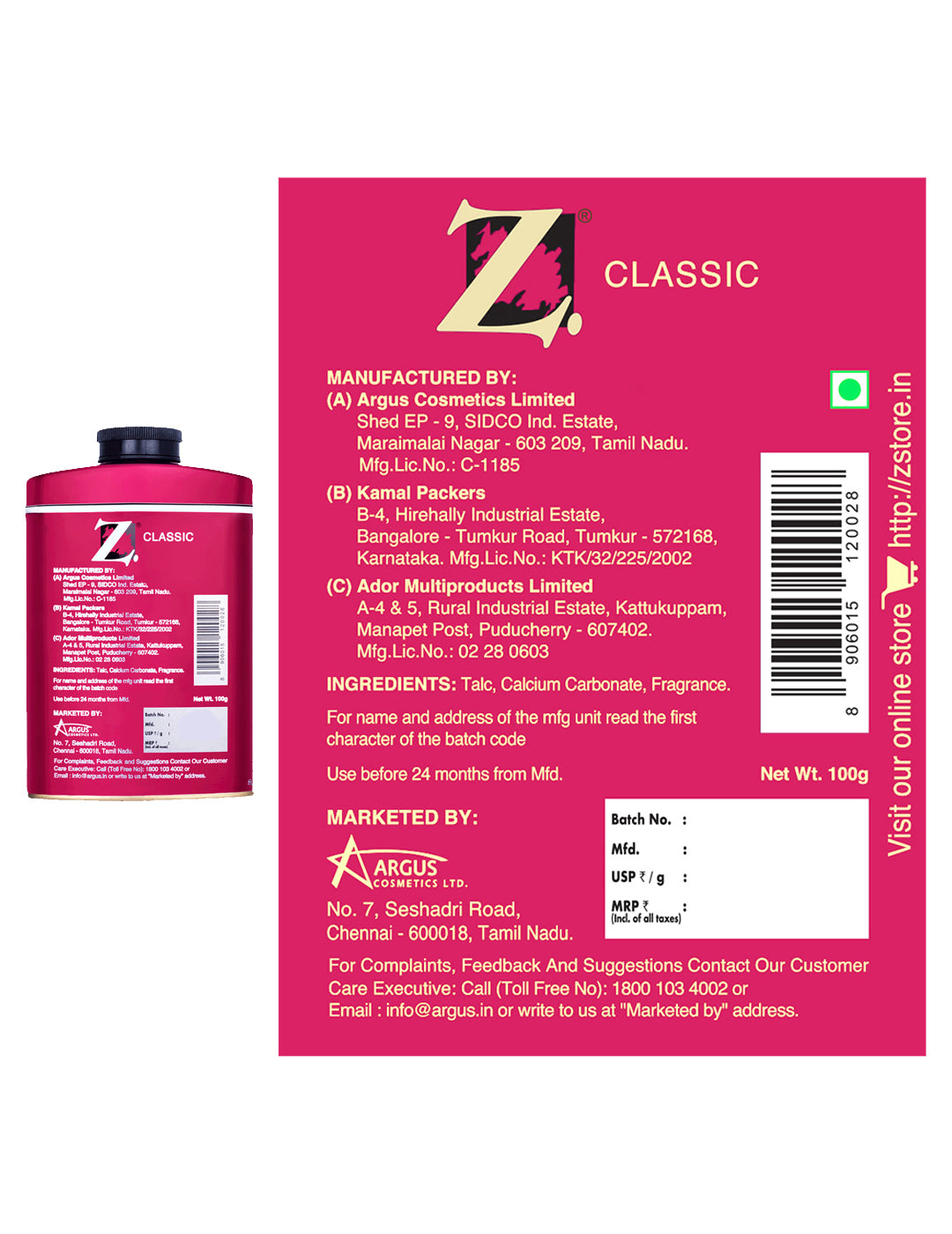 Z Men's Classic Talc 100g pack of 2 and Icon Talc 100g