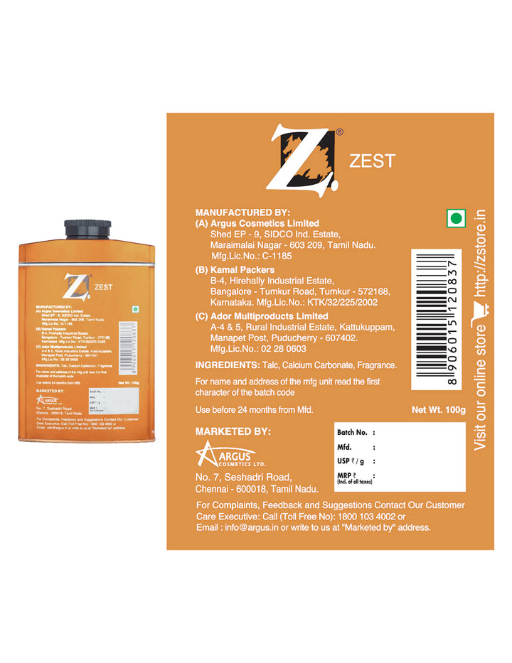 Z Men's Zest Talc, 100g pack of 3