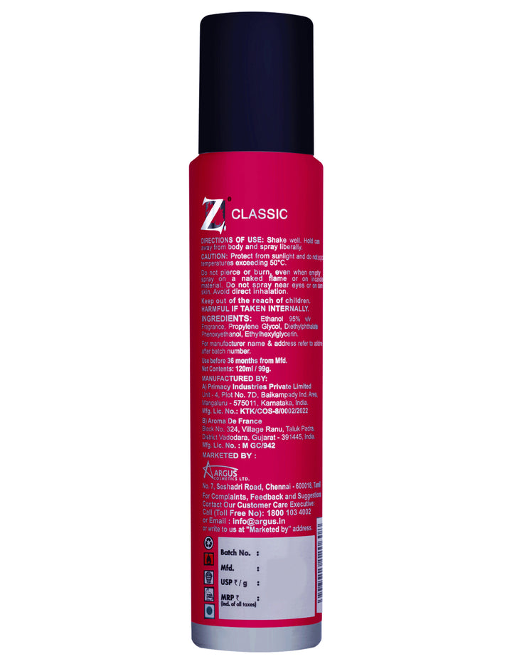 Z Men's Classic No Gas Deo, 120ml, Buy 1 Get 1
