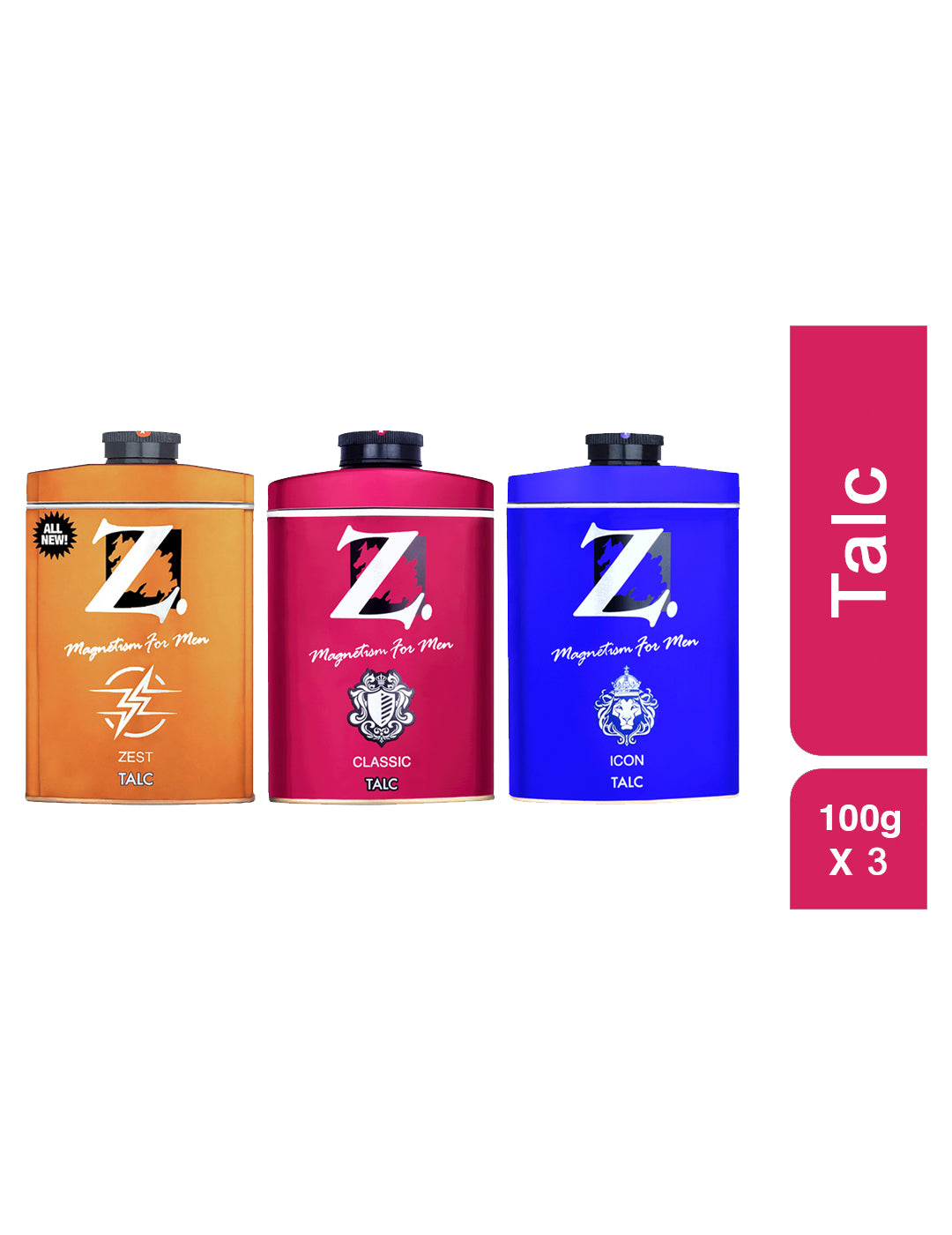 Z Men's Classic Icon Zest Talc, 100g X 3, Musky, Spicy, Fresh Fragrance, Perfumed Talcum Powder for Men Prevents Odor, Smooth Texture, Long Lasting Freshness, Ideal for All Skin Types (Pack of 3)