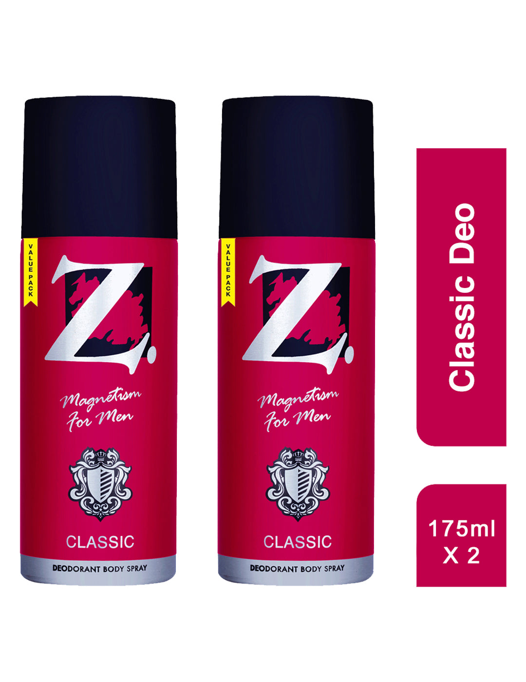 Z Men's Classic Deo, 175ml X 2, Woody, Musky Fragrance, Luxury deodorants, Prevents Odor, Refreshing Premium Aromatic Long lasting Perfume, Body Spray for Party, Office, Date (Pack of 2)