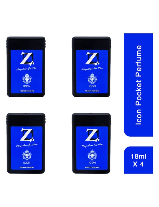 Z Men's Icon Deo, 18ml X 4, Spicy & Bold Fragrance, Pocket Perfume, Prevents Odor, Refreshing Premium Aromatic Long lasting Perfume, Body Spray for Party, Office, Date (Pack of 4)