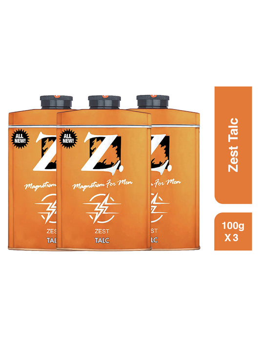 Z Men's Zest Talc, 100g X 3, Citrusy & Fresh Fragrance, Premium Perfumed Talcum Powder for Men, Prevents Odor, Smooth Texture, Long Lasting Freshness, Ideal for All Skin Types (Pack of 3)