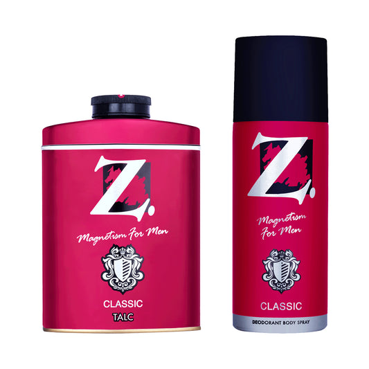 Z Men's Classic Talc, 200g & Classic Deo 150ml, Woody & Musky Fragrance, Prevents Odor, Smooth Texture, Long Lasting Freshness, Ideal for All Skin Types