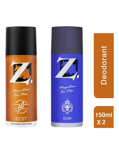 Z Men's Icon & Zest Deo, 150ml X 2, Spicy, Fresh Fragrance, Luxury deodorants, Prevents Odor, Refreshing Premium Aromatic Long lasting Perfume, Body Spray for Party, Office, Date (Pack of 2)