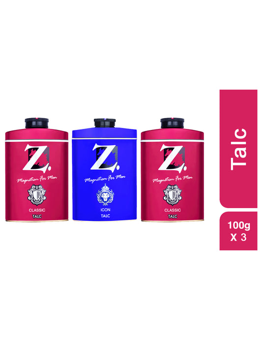 Z Men's Classic Talc 100g X 2 and Icon Talc 100g, Musky & Spicy Fragrance, Perfumed Talcum Powder for Men Prevents Odor, Smooth Texture, Long Lasting Freshness, Ideal for All Skin Types (Pack of 3)