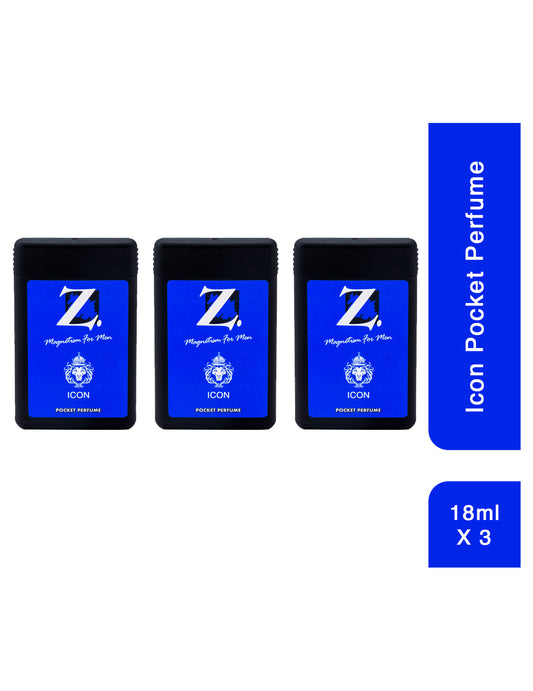 Z Men's Icon Deo, 18ml X 3, Spicy & Bold Fragrance, Pocket Perfume, Prevents Odor, Refreshing Premium Aromatic Long lasting Perfume, Body Spray for Party, Office, Date (Pack of 3)