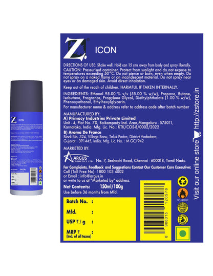 Z Men's Icon Deo, 150ml X 2, Spicy & Bold Fragrance, Luxury deodorants, Prevents Odor, Refreshing Premium Aromatic Long lasting Perfume, Body Spray for Party, Office, Date (Pack of 2)