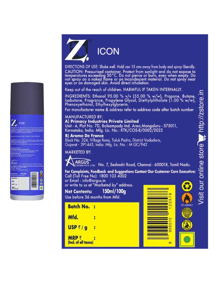 Z Men's Icon Deo, 150ml pack of 3