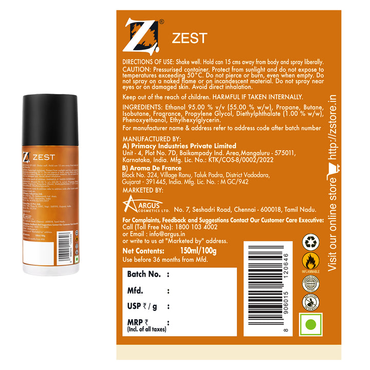 Z Men's Icon & Zest Deo, 150 ml pack of 2