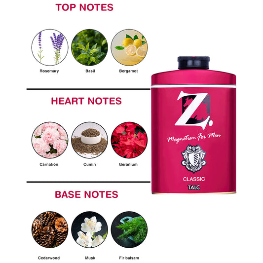 Z Men's Classic Talc, 50g x 4, Woody & Musky Fragrance, Premium Perfumed Talcum Powder for Men, Prevents Odor, Smooth Texture, Long Lasting Freshness, Ideal for All Skin Types (Pack of 4)