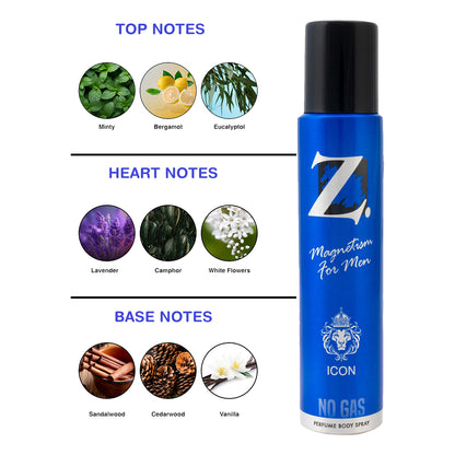 Z Men's Icon No Gas Deo, 120ml, Spicy & Bold Fragrance, Luxury deodorants, Prevents Odor, Refreshing Premium Aromatic Long lasting Perfume, Body Spray for Party, Office, Date