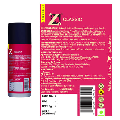 Z Men's Classic Talc, 250g & Classic Deo 175ml, Woody & Musky Fragrance Prevents Odor, Smooth Texture, Long Lasting Freshness, Ideal for All Skin Types