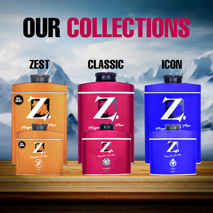 Z Men's Classic Talc, 50g x 4, Woody & Musky Fragrance, Premium Perfumed Talcum Powder for Men, Prevents Odor, Smooth Texture, Long Lasting Freshness, Ideal for All Skin Types (Pack of 4)