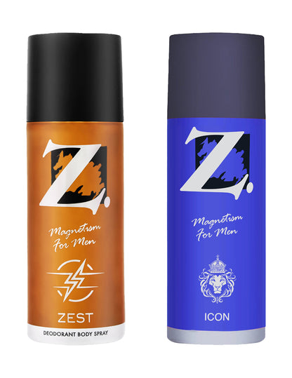 Z Men's Icon & Zest Deo, 150ml X 2, Spicy, Fresh Fragrance, Luxury deodorants, Prevents Odor, Refreshing Premium Aromatic Long lasting Perfume, Body Spray for Party, Office, Date (Pack of 2)